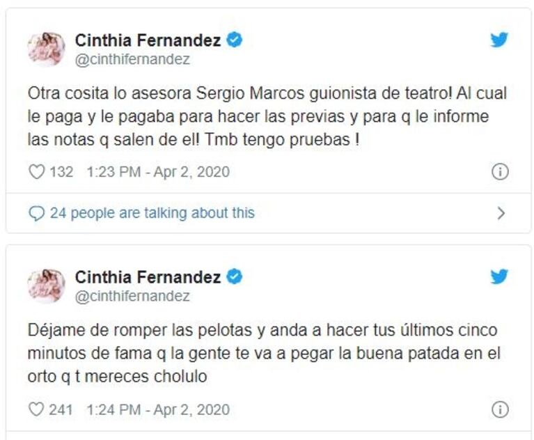 Cinthia Fernández arremetió contra Baclini al verlo dar un largo móvil en la calle: "Presidente, hay un payaso violando la cuarentena"