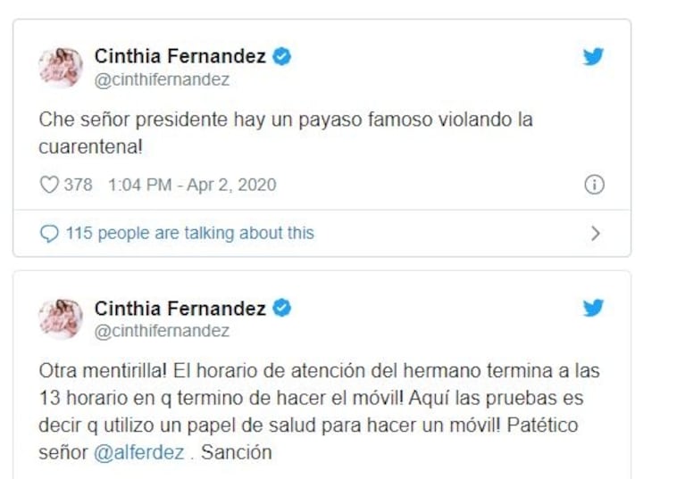 Cinthia Fernández arremetió contra Baclini al verlo dar un largo móvil en la calle: "Presidente, hay un payaso violando la cuarentena"
