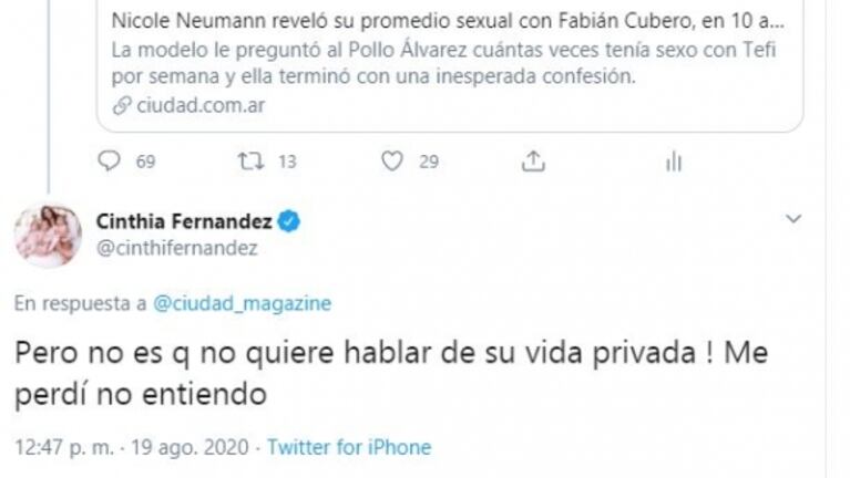 Cinthia Fernández arremetió contra Nicole Neumann tras contar su promedio sexual con Cubero: "¡¿No es que no quiere hablar de su vida privada?!"