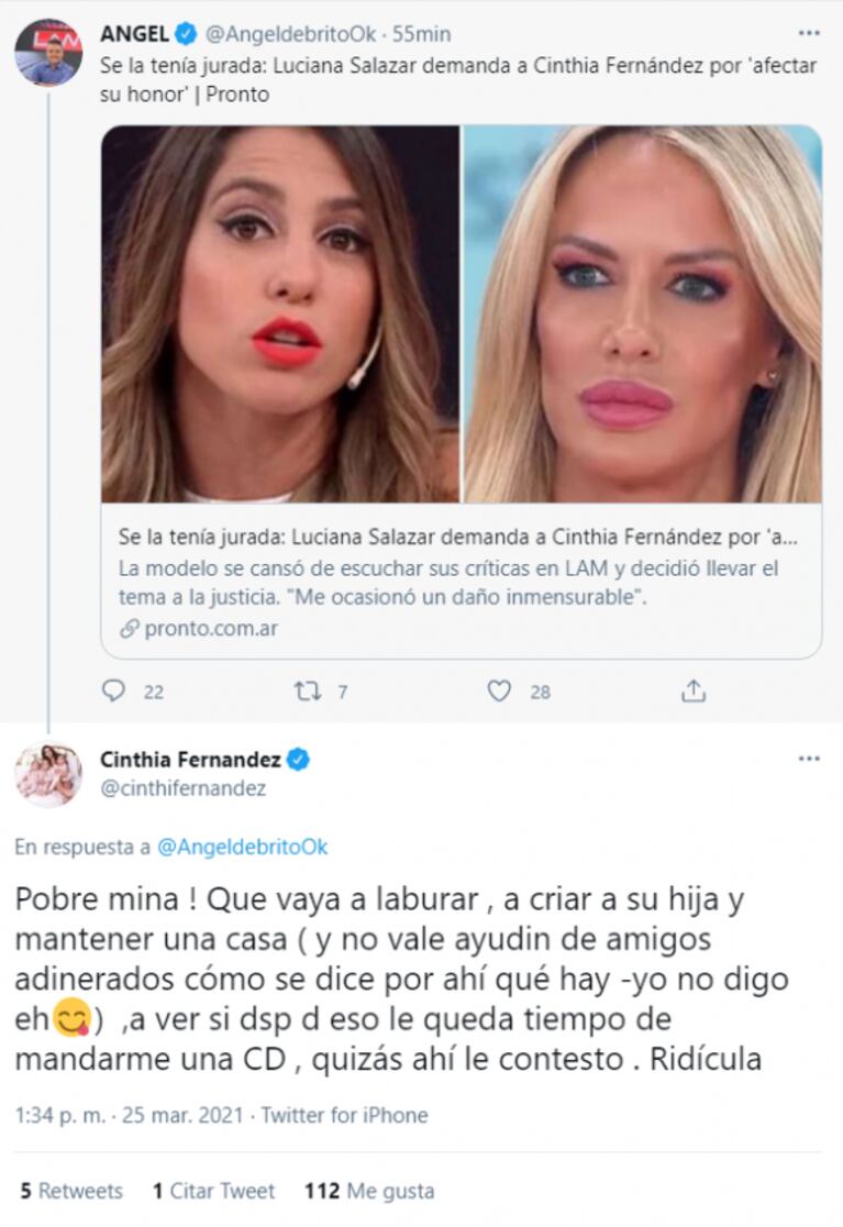 Cinthia Fernández arremetió picante tras la carta documento de Luciana Salazar: "¡Pobre mina! Que vaya a laburar"