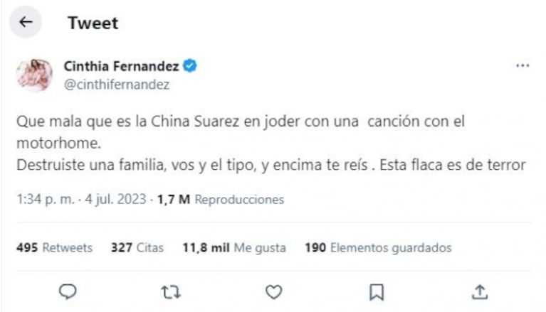 Cinthia Fernández aseguró que tomaría un tremendo recaudo antes de trabajar con la China Suárez