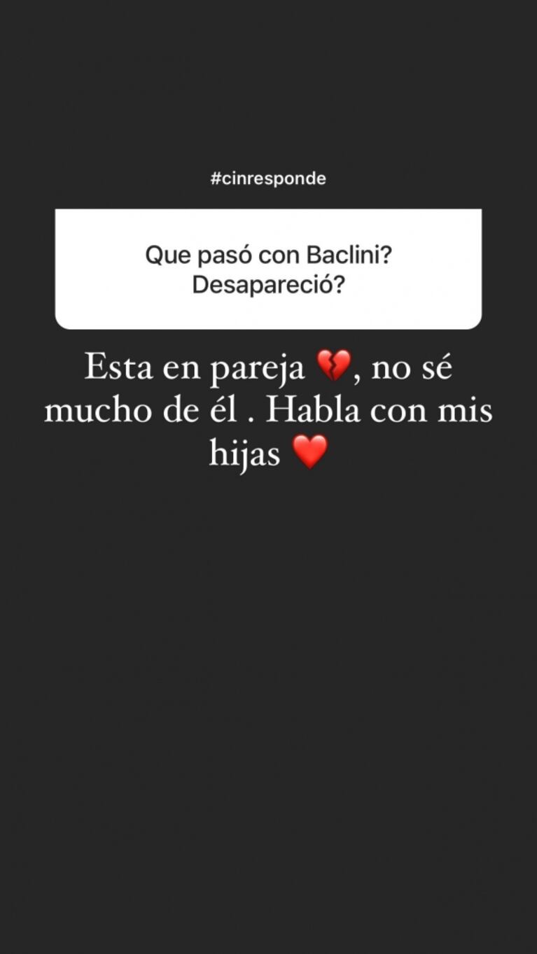 Cinthia Fernández aseguró que volvería con Martín Baclini y se lamentó de que esté en pareja