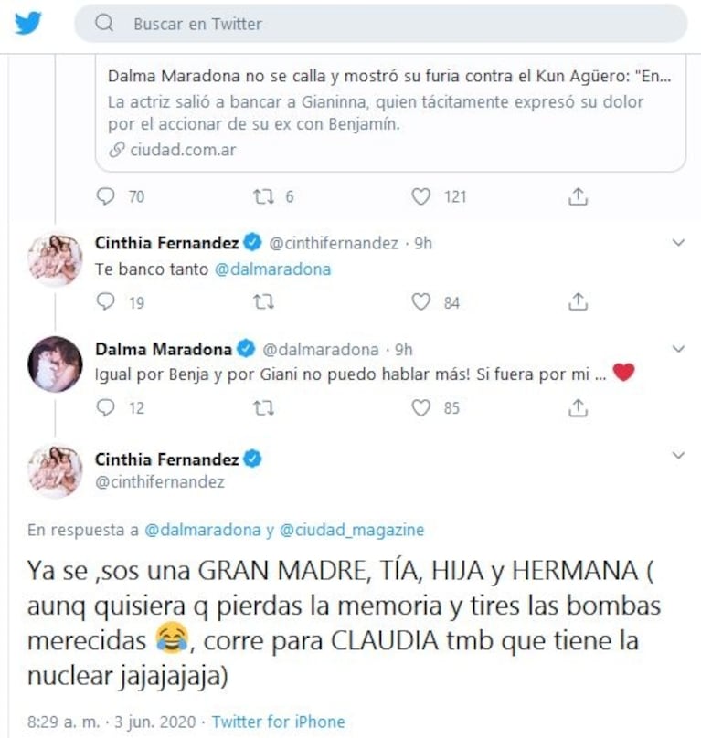 Cinthia Fernández bancó a Dalma Maradona tras su furia contra el Kun Agüero: "Tirá las bombas merecidas"