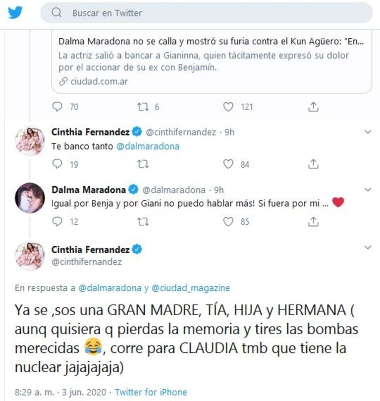 Cinthia Fernández bancó a Dalma Maradona tras su furia contra el Kun Agüero: "Tirá las bombas merecidas"