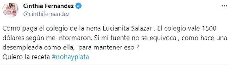 Cinthia Fernández chicaneó fuerte a Luciana Salazar al conocer cuánto cuesta la cuota del colegio de su hija