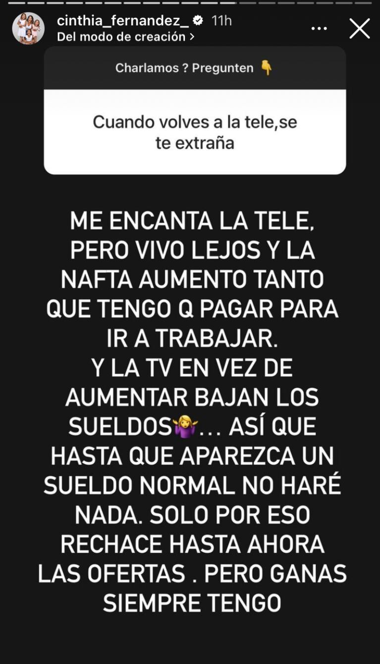 Cinthia Fernández contó por qué se alejó de la televisión. Fuente: Instagram.