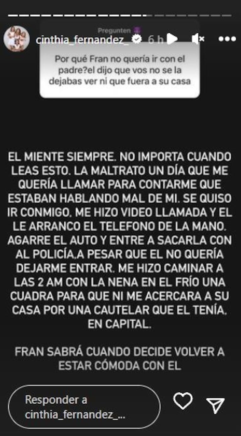 Cinthia Fernández contó por qué su hija menor no quiere ver a su papá, Matías Defederico