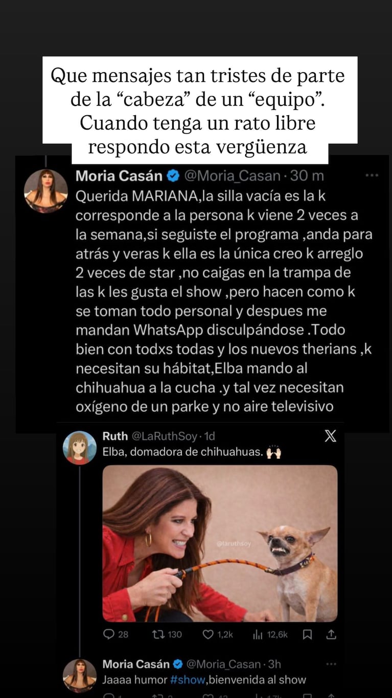 Cinthia Fernández contra Moria Casán en X.