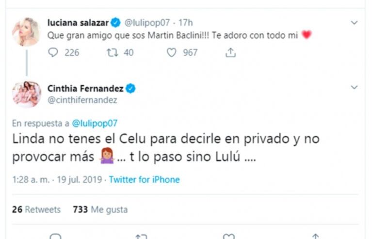 Cinthia Fernández cruzó muy picante a Luciana Salazar: "Linda, ¿no tenés el celu para decirle en privado?"