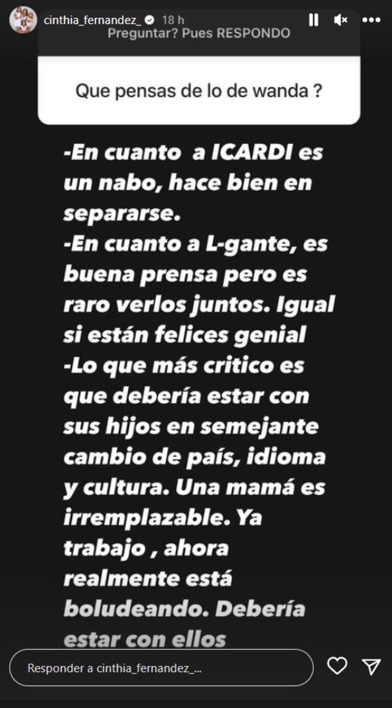 Cinthia Fernández cuestionó fuerte a Wanda Nara: "Debería estar con sus hijos"