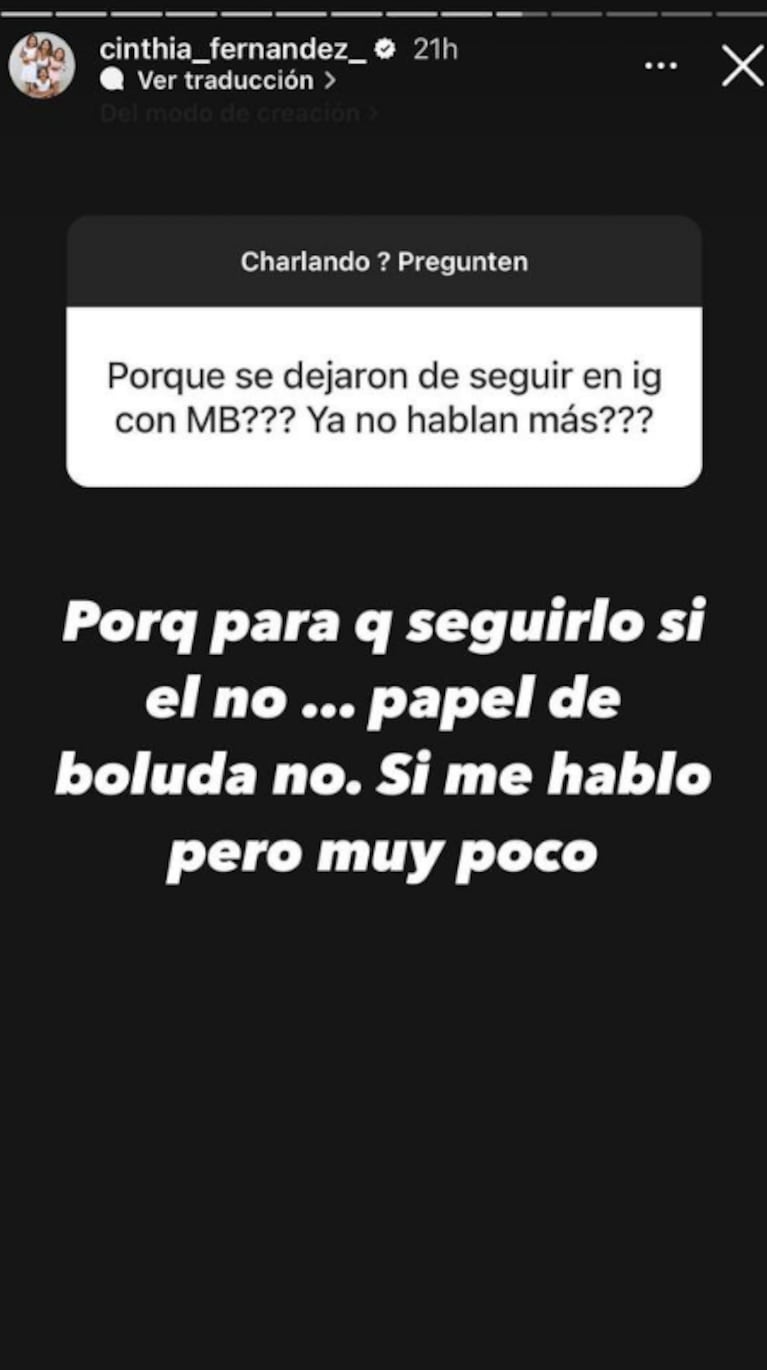Cinthia Fernández dejó de seguir a Martín Baclini en Instagram y explicó los motivos: "¿Para qué? Él no me sigue"