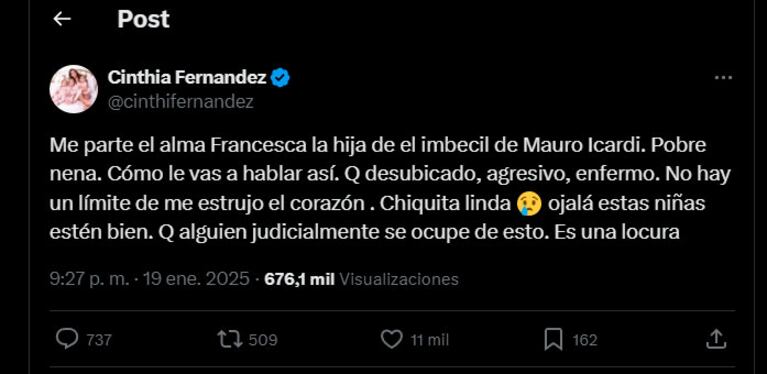 Cinthia Fernández destrozó a Mauro Icardi, tras escuchar un polémico audio del futbolista hablando con su hija