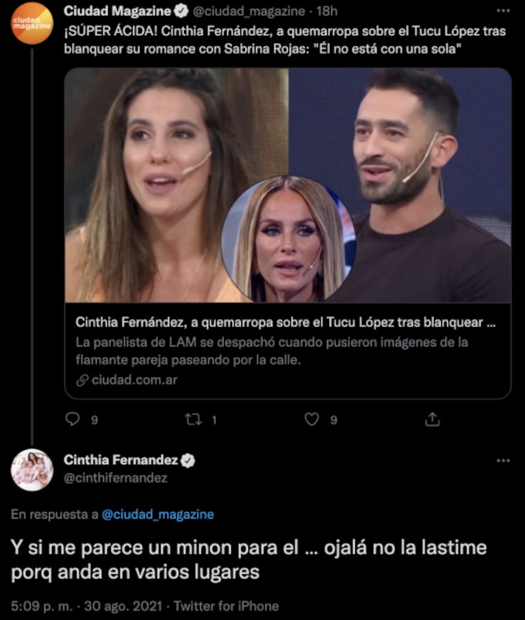 Cinthia Fernández disparó contra Tucu López tras la confirmación de su romance con Sabrina Rojas: "Me parece un minón para él"