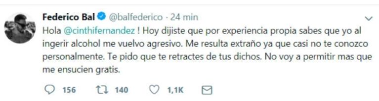 Cinthia Fernández disparó una polémica frase sobre Fede Bal: la fuerte reacción del actor