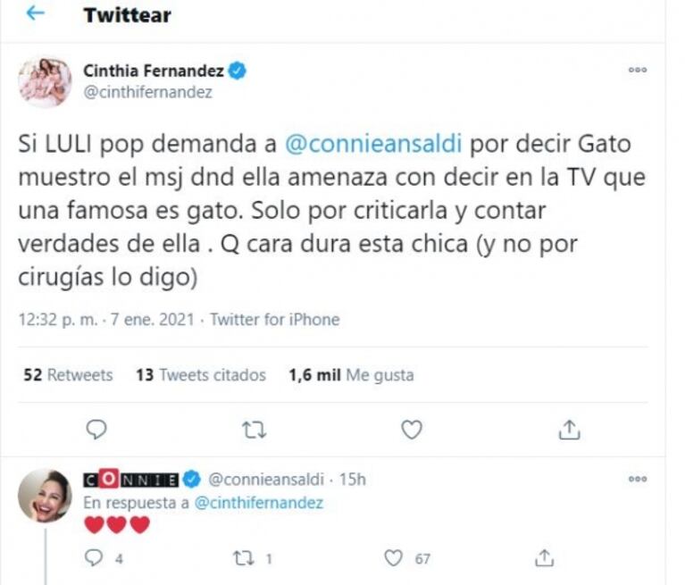 Cinthia Fernández, filosa con Salazar: "Si demanda a Connie, muestro el mensaje donde ella amenaza con decir en la TV que una famosa es gato"