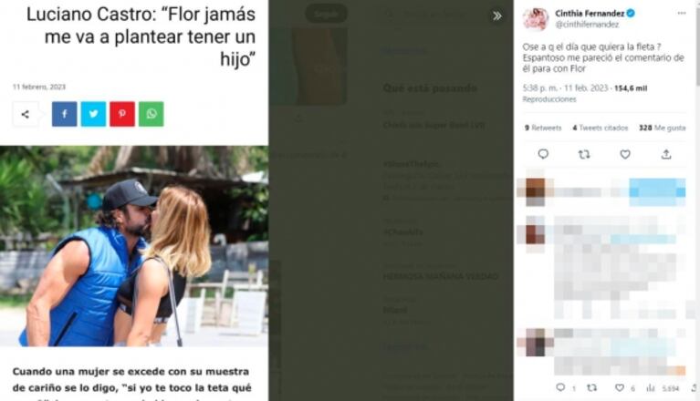 Cinthia Fernández fue letal con Luciano Castro por un comentario que hizo sobre Flor Vigna: "Espantoso"