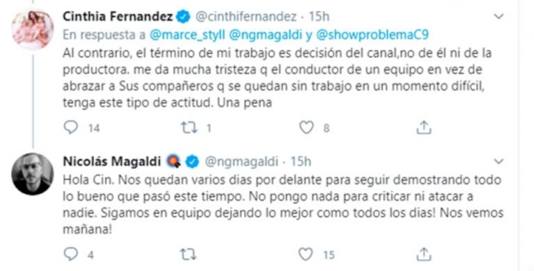 Cinthia Fernández, fuerte contra Nicolás Magaldi tras quedarse sin trabajo: "Que disimule hasta el 21"