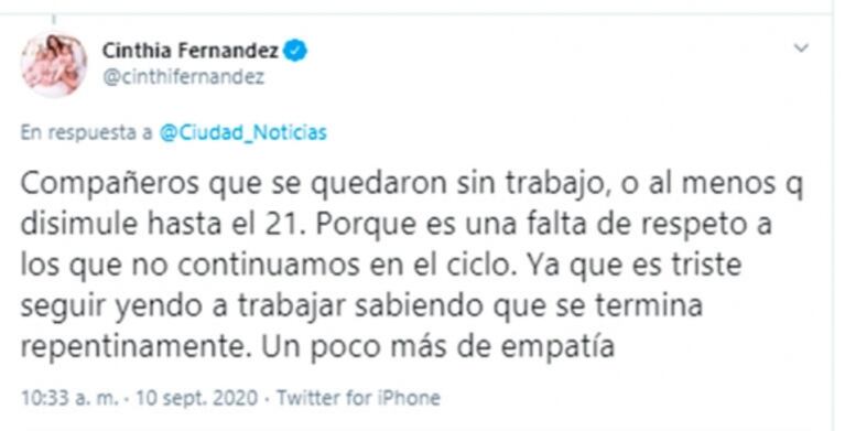 Cinthia Fernández, fuerte contra Nicolás Magaldi tras quedarse sin trabajo: "Que disimule hasta el 21"