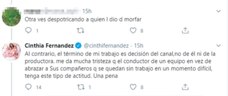 Cinthia Fernández, fuerte contra Nicolás Magaldi tras quedarse sin trabajo: "Que disimule hasta el 21"