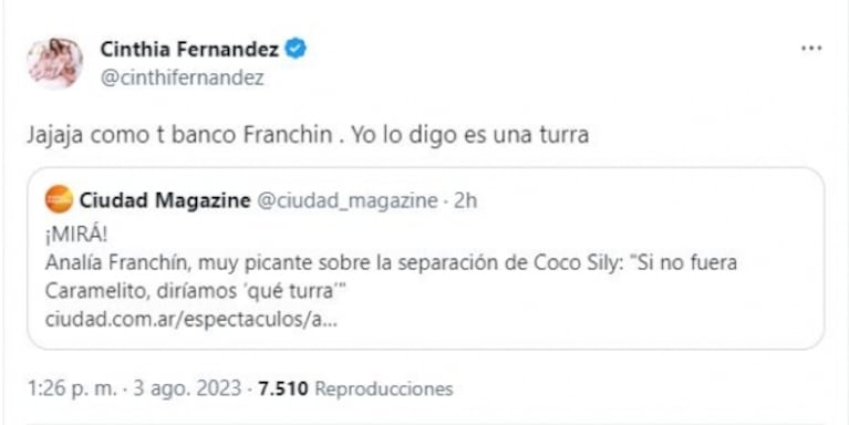 Cinthia Fernández fulminó a Caramelito tras la separación de Coco Sily