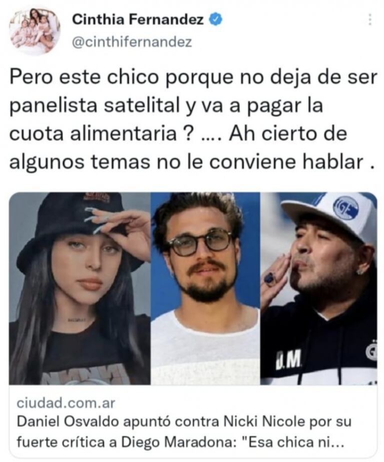 Cinthia Fernández fulminó a Daniel Osvaldo por su defensa a Diego Maradona: "¿Por qué no deja de ser panelista y paga la cuota alimentaria?"