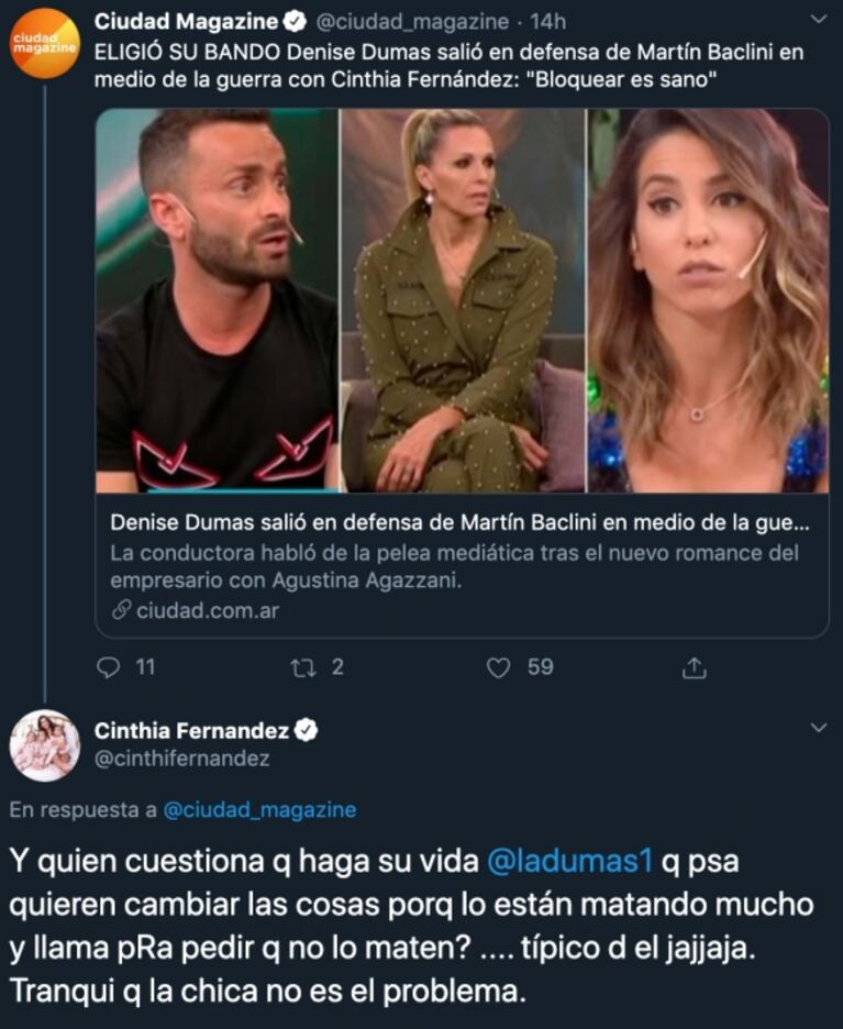 Cinthia Fernández fulminó a Denise Dumas por defender a Martín Baclini: "¿Quién cuestiona que haga su vida?"