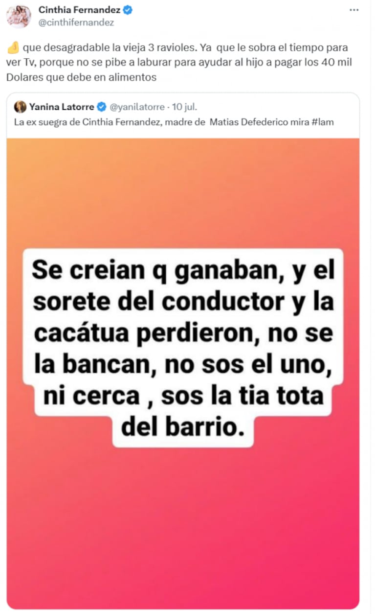 Cinthia Fernández fulminó a la madre de Matías Defederico por burlarse de LAM: "Vieja 3 ravioles" 