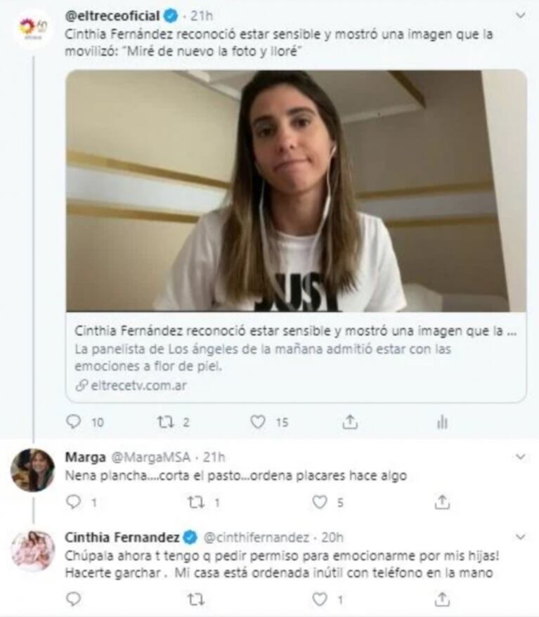 Cinthia Fernández fulminó a los que criticaron su foto de las nenas abrazadas: "¡Mi casa está en orden, inútil!"