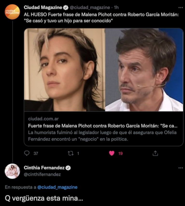 Cinthia Fernández fulminó a Malena Pichot tras su crítica a Roberto García Moritán: "Qué vergüenza esta mina" 
