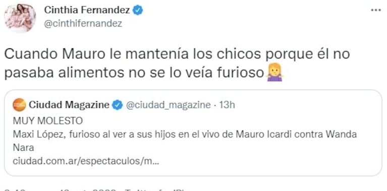 Cinthia Fernández fulminó a Maxi López por su enojo con Mauro Icardi: "Le mantenía a los chicos"