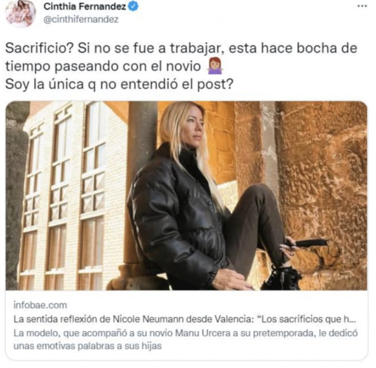 Cinthia Fernández fulminó a Nicole Neumann por hablar de los 'sacrificios' que hace por sus hijas: "Si no se fue a trabajar"