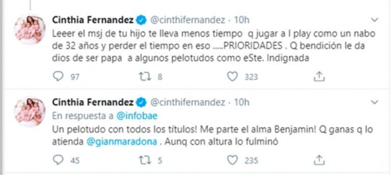 Cinthia Fernández, furiosa con el Kun Agüero por no leer el mensaje de su hijo: "¡Un pelot... con todos los títulos!"