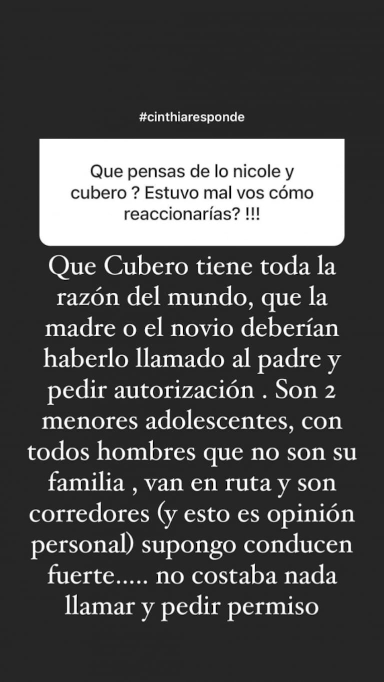 Cinthia Fernández, implacable sobre la polémica de Fabián Cubero y Nicole Neumann: "Son dos adolescentes con hombres que no son su familia"