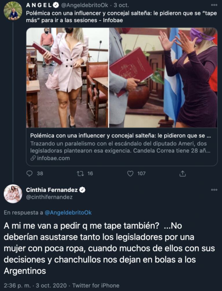 Cinthia Fernández, indignada por el escándalo de la legisladora, a quien le pidieron que no se vista "sexy" en las sesiones
