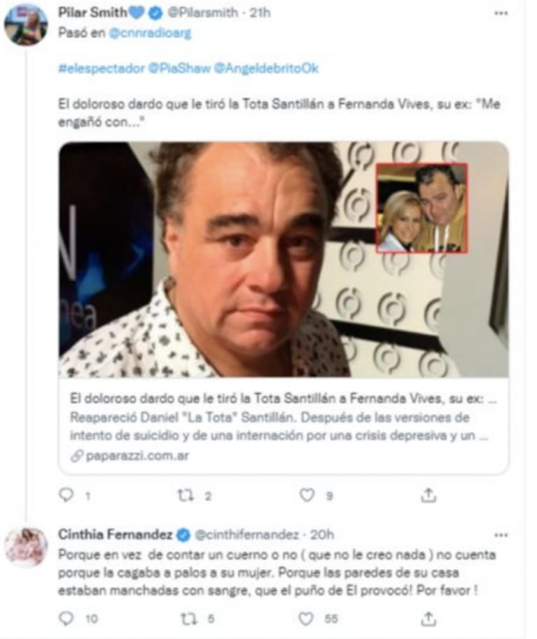Cinthia Fernández le dedicó un fuertísimo tweet a Tota Santillán por Fernanda Vives: "¿Por qué no cuenta cuando la mataba a palos?"