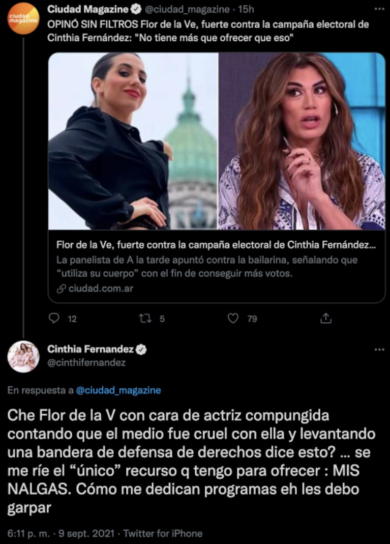 Cinthia Fernández le respondió con todo a Flor de la Ve por criticar su cierre de campaña: "Se me ríe el 'único' recurso que tengo para ofrecer" 
