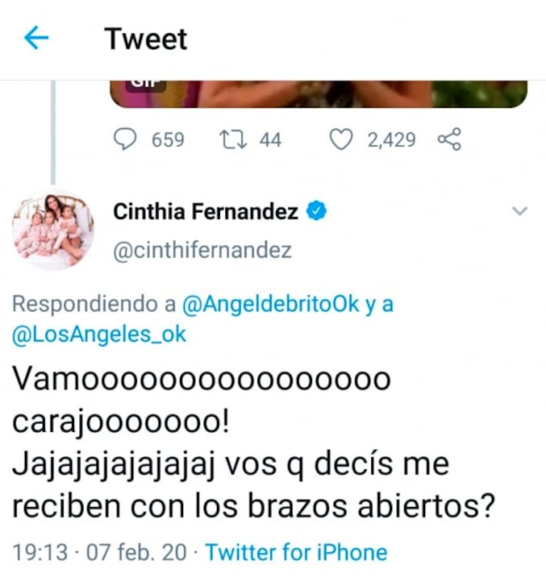 Cinthia Fernández, luego de que Ángel la convocó para que vuelva a LAM: "¿Decís que me reciben con los brazos abiertos?"