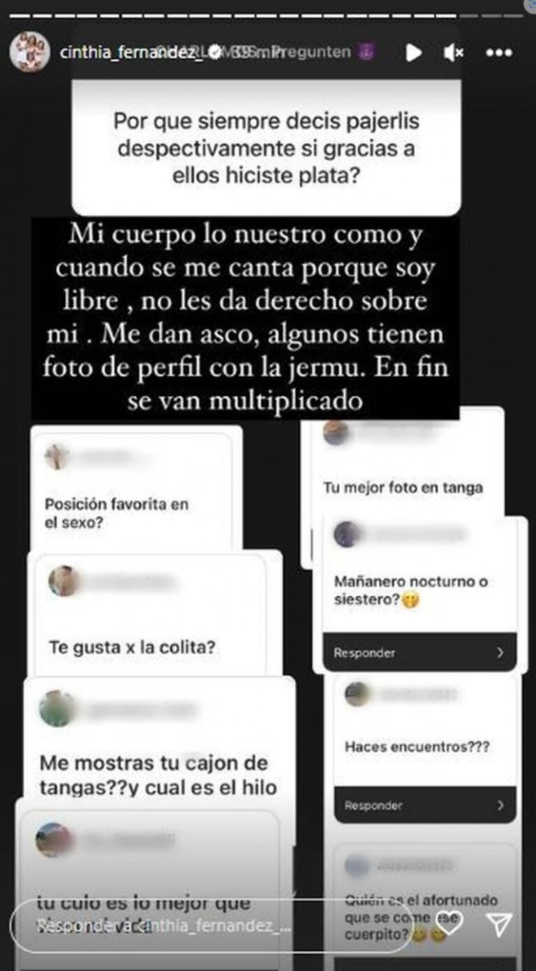 Cinthia Fernández mostró los mensajes obscenos que le mandan en Instagram: "Tienen foto de perfil con la jermu"