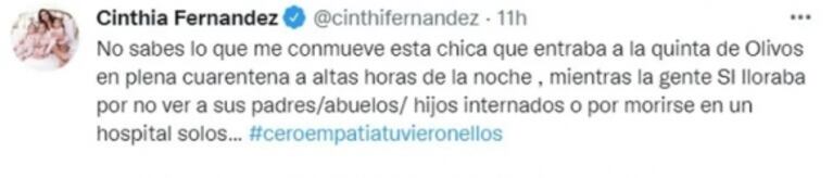Cinthia Fernández reaccionó filosa al posteo de Tamara Pettinato llorando: "No sabés lo que me conmueve"