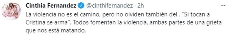 Cinthia Fernández respaldó a Amalia Granata tras sus tweets sobre el ataque a Cristina Kirchner