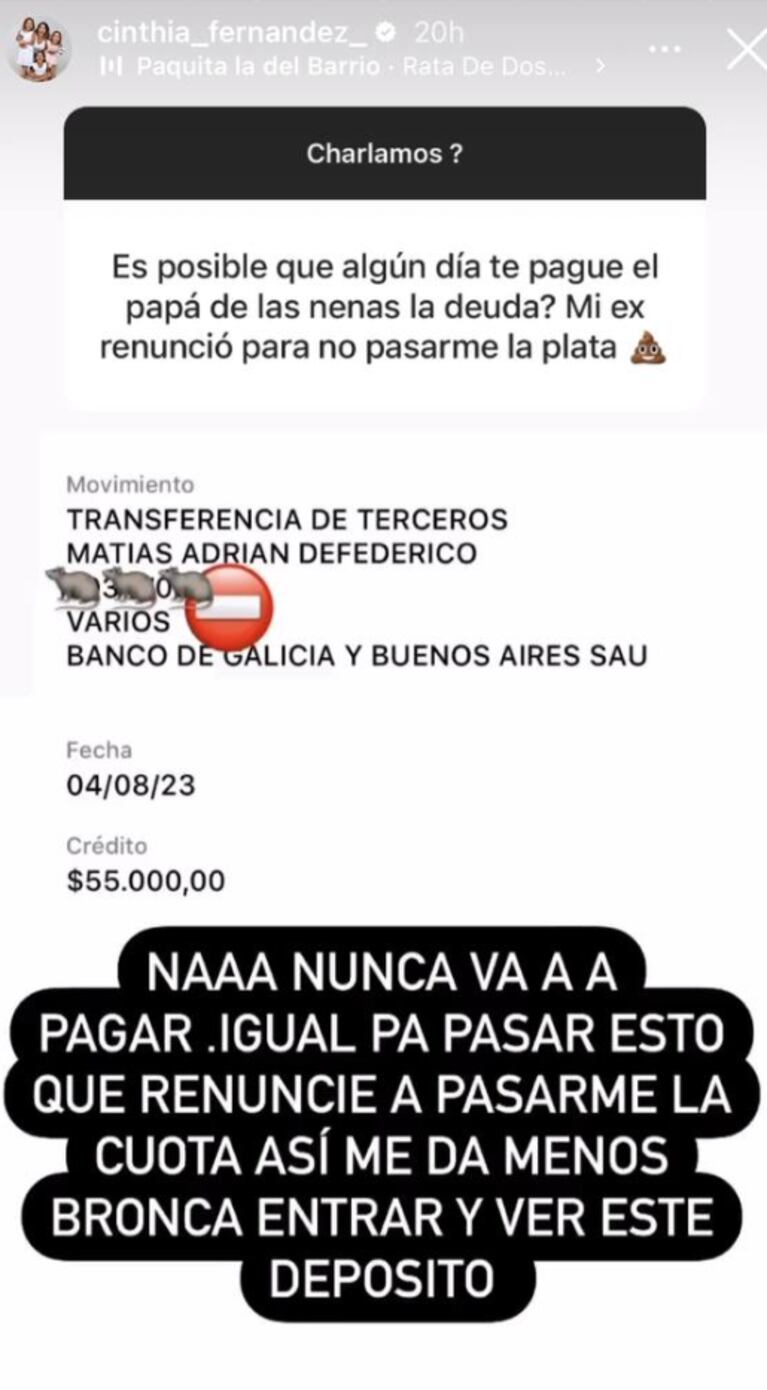Cinthia Fernández reveló indignada cuánto dinero le pasa Matías Defederico por cada hija