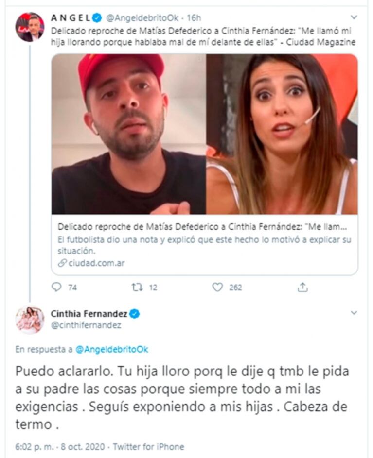 Cinthia Fernández reveló por qué una de sus hijas llamó llorando a Defederico: "Cabeza de termo, lloró porque le dije que también le pida las cosas a su padre"