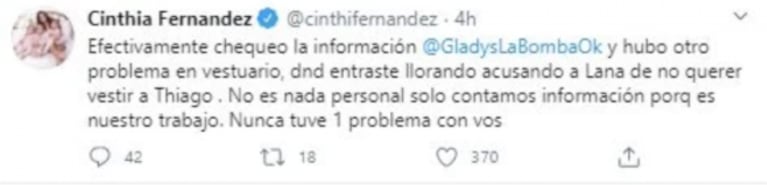 Cinthia Fernández reveló un nuevo escándalo de Gladys la Bomba Tucumana por el vestuario: "Hubo otro problema"