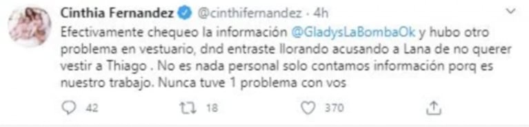 Cinthia Fernández reveló un nuevo escándalo de Gladys la Bomba Tucumana por el vestuario: "Hubo otro problema"