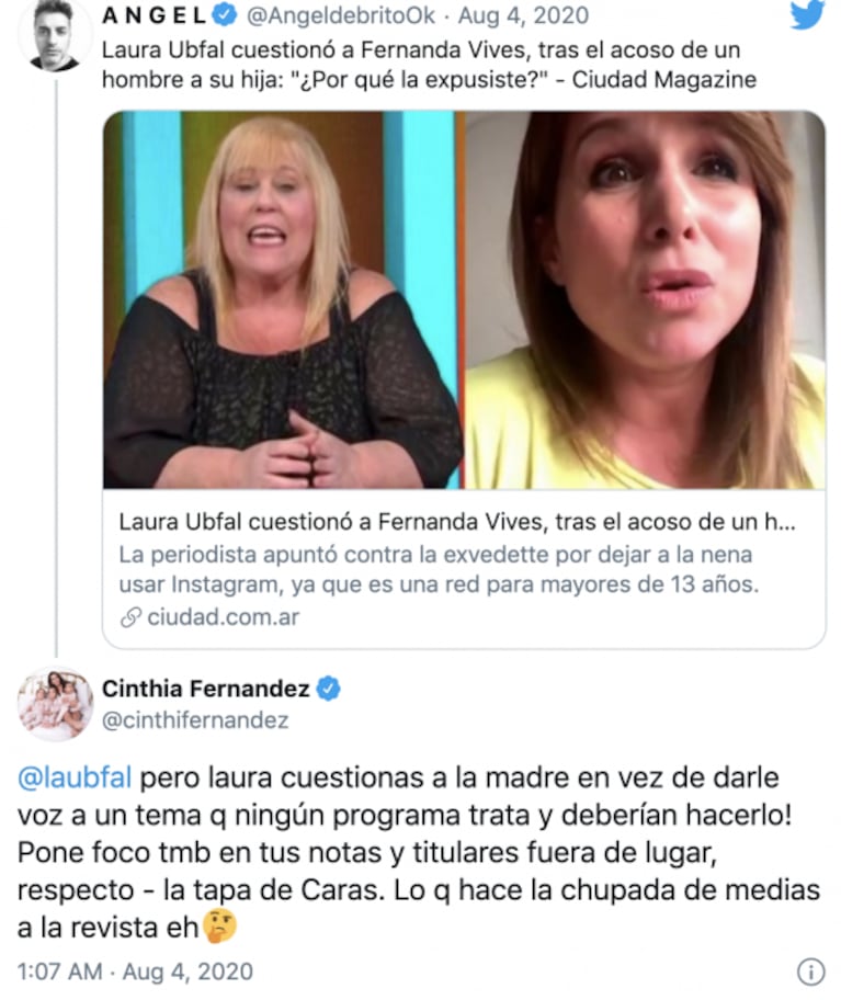 Cinthia Fernández salió al cruce de Laura Ubfal por cuestionar a Fernanda Vives: "Poné foco en tus notas y titulares fuera de lugar"