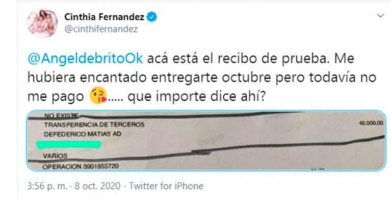Cinthia Fernández salió al cruce de Matías Defederico, reveló cuánto le pasa por mes y mostró el recibo: "Me pasa 40 mil pesos"