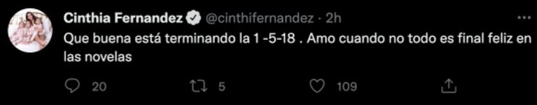 Cinthia Fernández se declaró fan del desenlace de La 1-5/18: "Amo cuando no todo es final feliz"