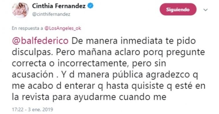 Cinthia Fernández se disculpó con Fede Bal tras el pedido de retractación del actor: "Perdón si usé mal el término 'agresivo'"