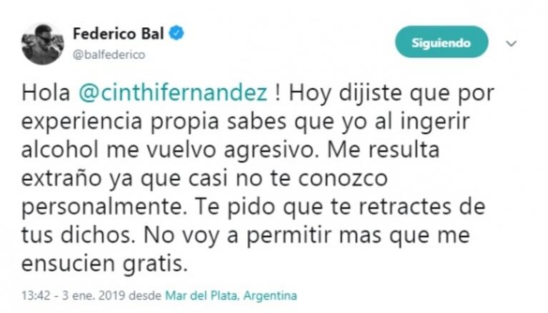 Cinthia Fernández se disculpó con Fede Bal tras el pedido de retractación del actor: "Perdón si usé mal el término 'agresivo'"