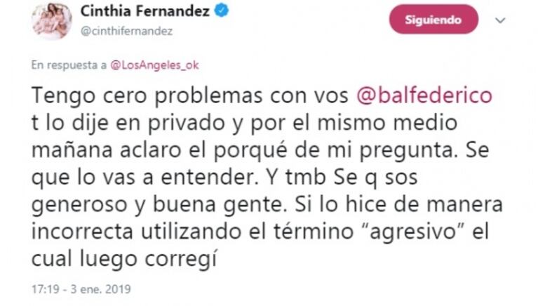 Cinthia Fernández se disculpó con Fede Bal tras el pedido de retractación del actor: "Perdón si usé mal el término 'agresivo'"